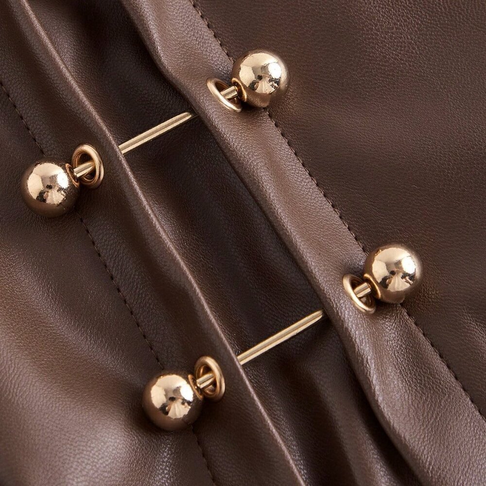 Brown Casual Women's Side Slit Metallic Trim Faux Leather A-Line skirt - Picture 3 of 4
